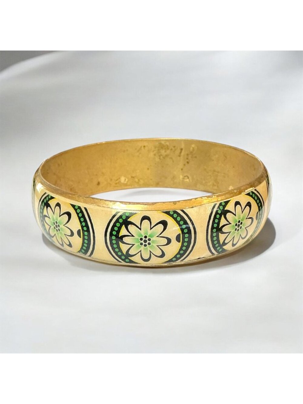 Vintage Brass Bangle Bracelet With Green Floral Design 2.62" Diameter 0.75" Widt